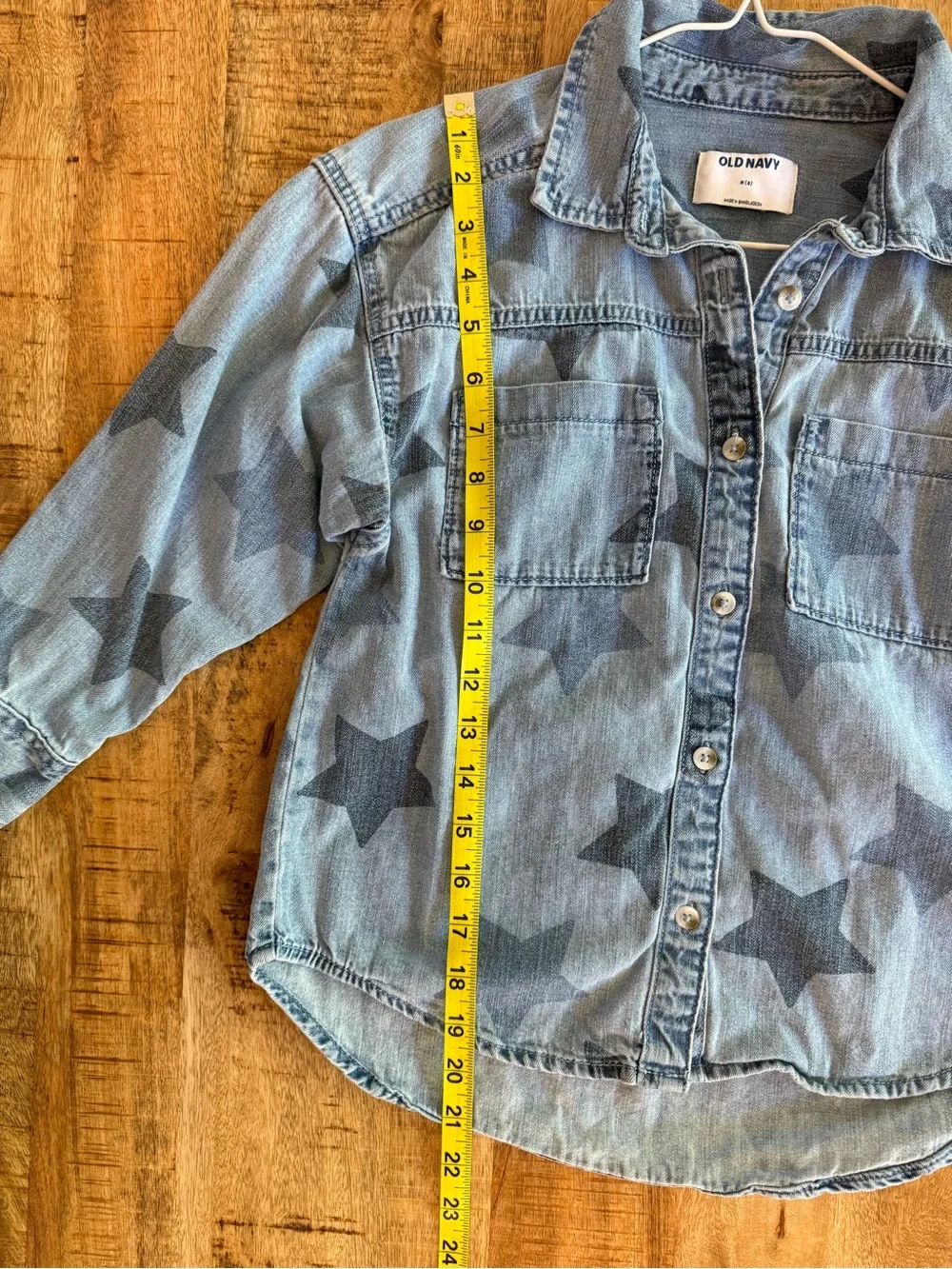Old Navy Girls Size M 8 Star Print Chambray Denim Button Down Shirt Blue